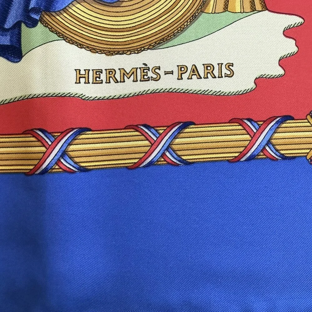 HERMES Vintage Republique Francaise Red Blue 90 cm Silk Square Scarf Box Good - Picture 4 of 16